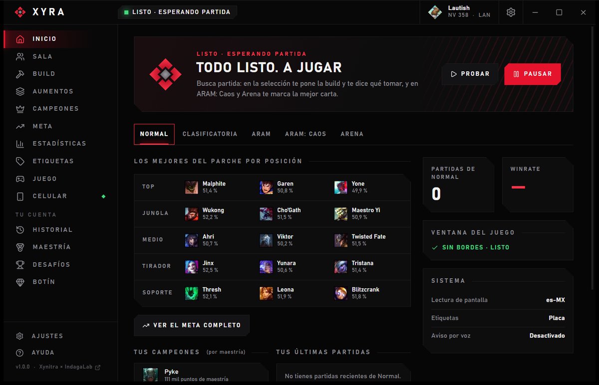Pantalla de inicio de Xyra